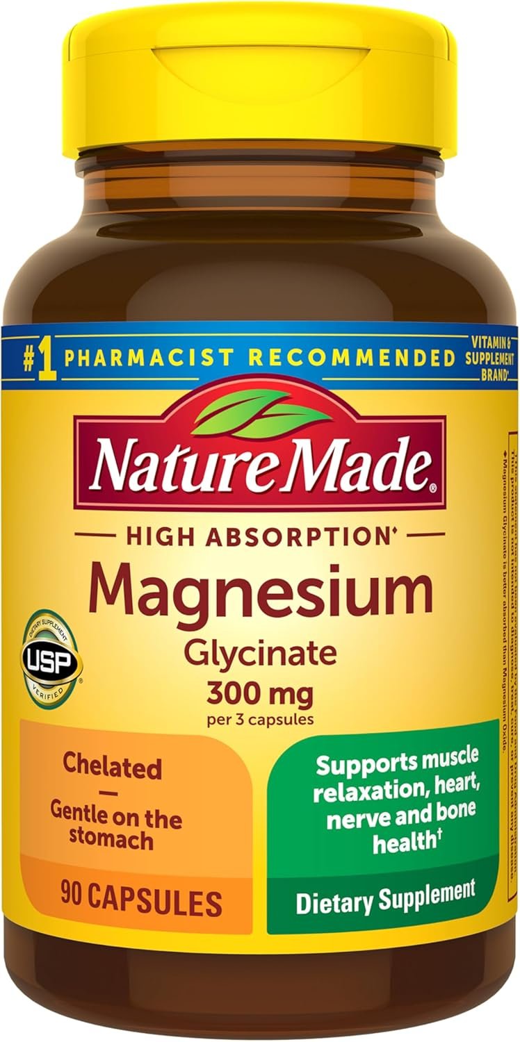 Nature Made Magnesium Glycinate 300 mg per 3 Capsules, 90 Capsules | High Absorption Magnesium Supplement for Muscle, Heart and Bone Support, Magnesium Bisglycinate Capsules, 30 Day Supply