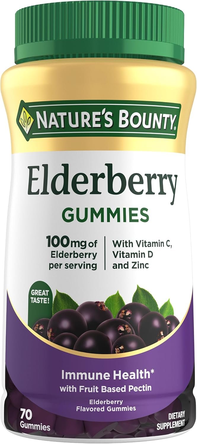 Nature’s Bounty Elderberry Gummies, Dietary Supplement, Supports Immune Health, Contains Vitamin A, C, D, E and Zinc, 100 mg, 70 Gummies