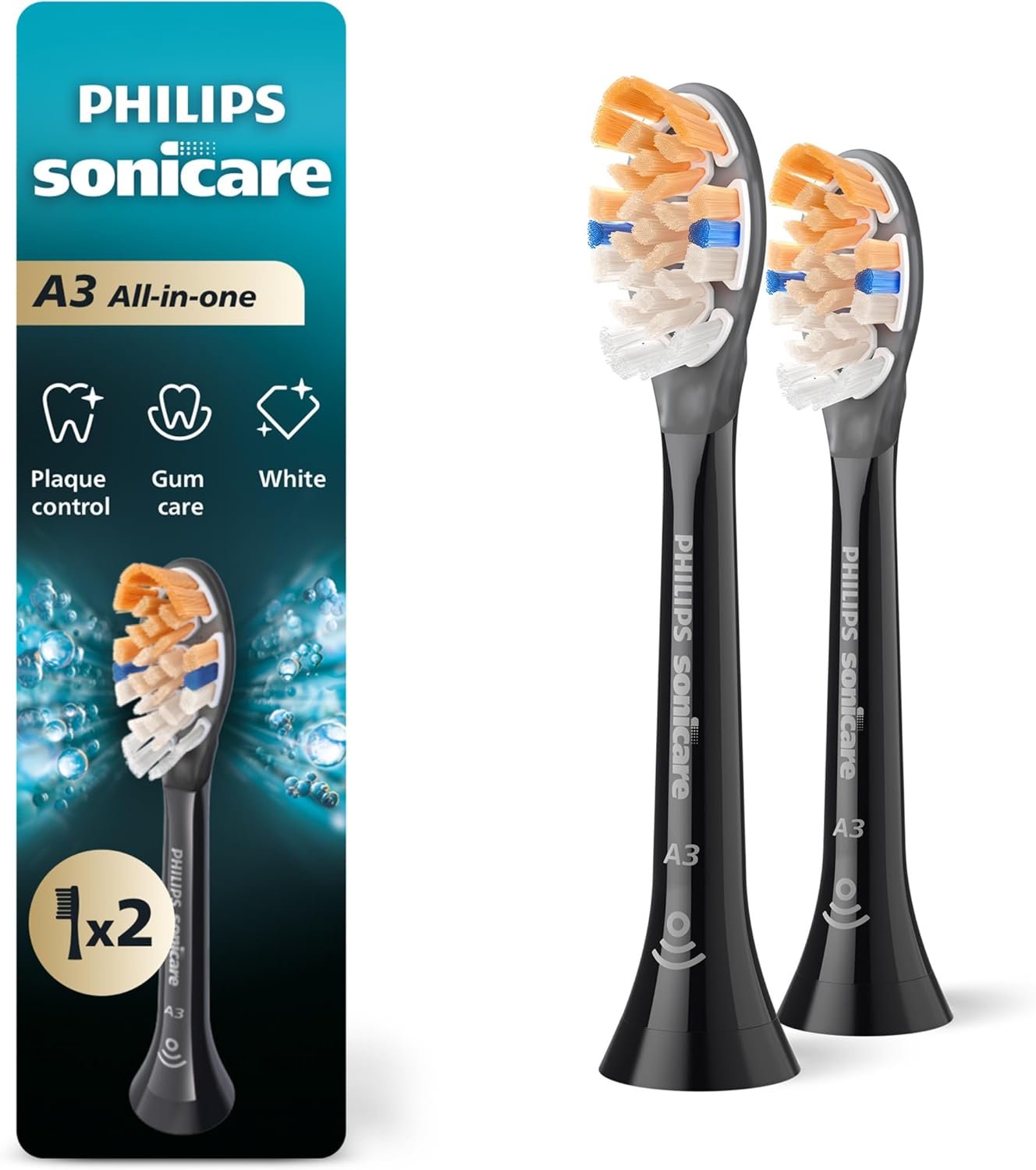 Philips Sonicare A3 All-in-One – Genuine Replacement Electric Toothbrush Heads, Black, 2 Pack, HX9092/95