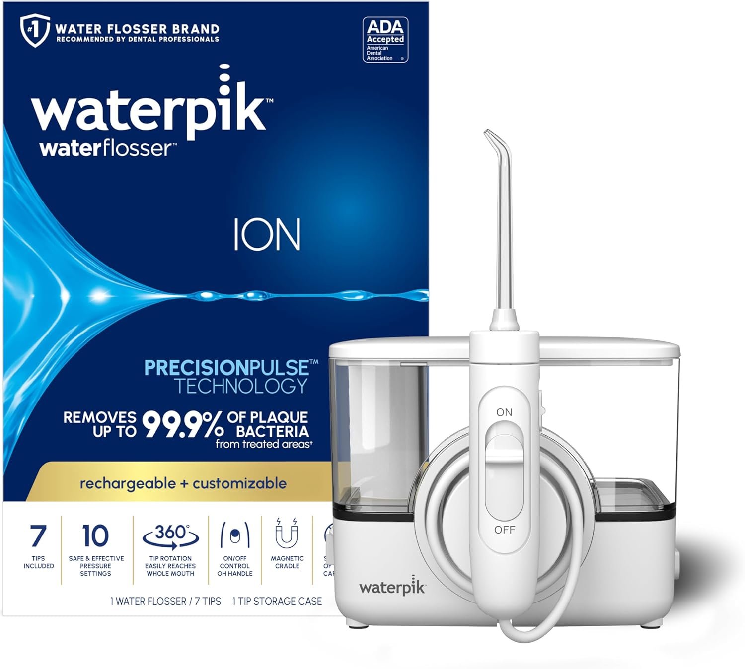 Waterpik ION Rechargeable Water Flosser with 10 Settings, 7 Tips, White | Portable Cordless Countertop for at Home Daily Gum Health, Dental Braces, Implants, ADA Accepted, WF-12 Packaging May Vary