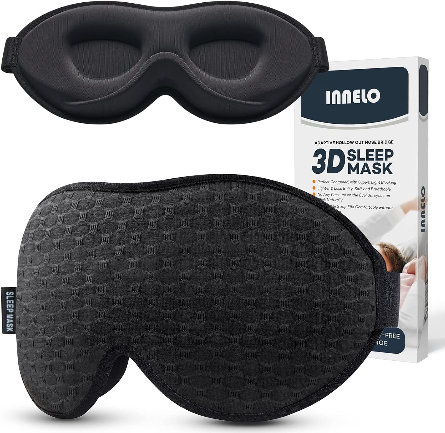 INNELO Sleep Mask for Side Sleeper, 3D Zero-Pressure, 100% Blackout, Nap | Ice Silk Lining, Ultra Soft Eye Mask For Sleeping, Breathable Blindfold, Sleep Mask For Men Gifts/Travel Essentials, Black