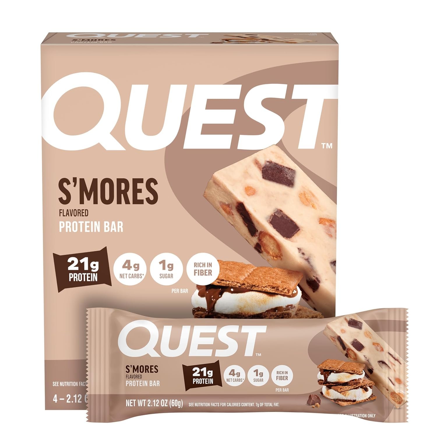 Quest Nutrition Smores Protein Bars, 21g Protein, 4 Count | 12g Fiber, 4g Net Carbs, 1g Sugar, Gluten Free, High Quality Protein, Soft and Chewy, Individually Wrapped 2.12oz Bars