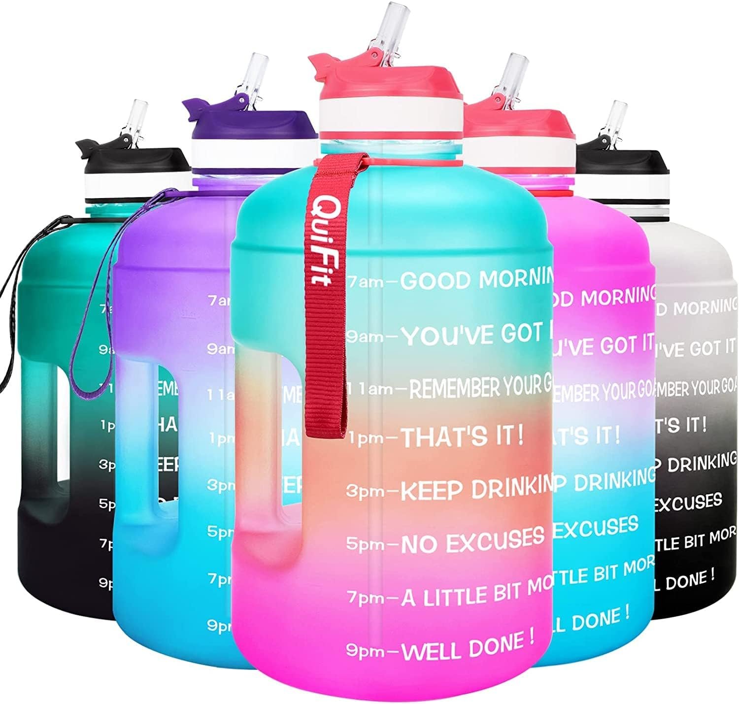 QuiFit Motivational Gallon Water Bottle – with Straw & Time Marker BPA Free Large Reusable Sport Water Jug with Handle for Fitness Outdoor Enthusiasts Leak-Proof