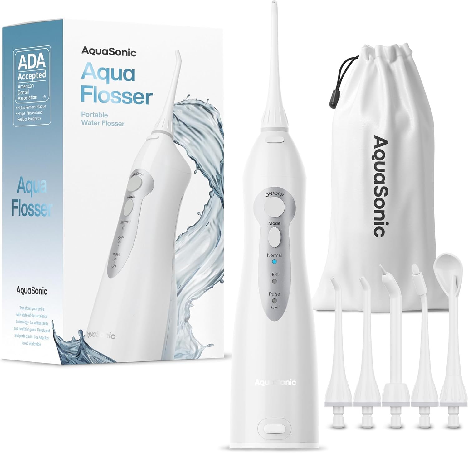 AquaSonic Aqua Flosser – Cordless Rechargeable Water Flosser for Teeth – Waterproof, Portable Oral Irrigator for Dental Cleaning with 5 Jet Tips – Braces Home Travel