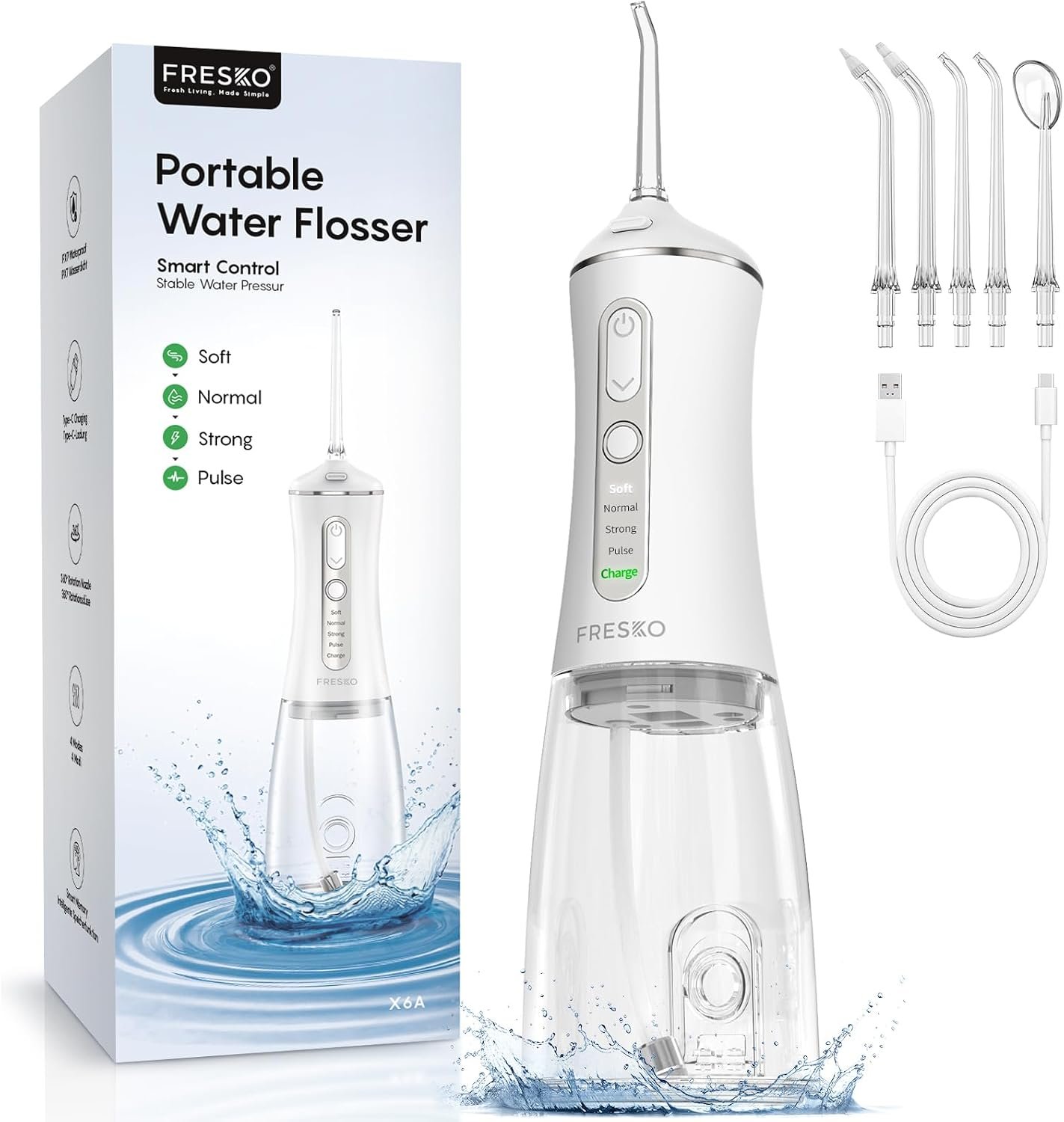 FRESKO Water Dental Flosser for Teeth, IPX7 Waterproof, 5 Jet Tips | 300ML Cordless Flosser with Constant Pressure, Rechargeable Oral Irrigator Cleaner for Travel Home Use and Braces Care
