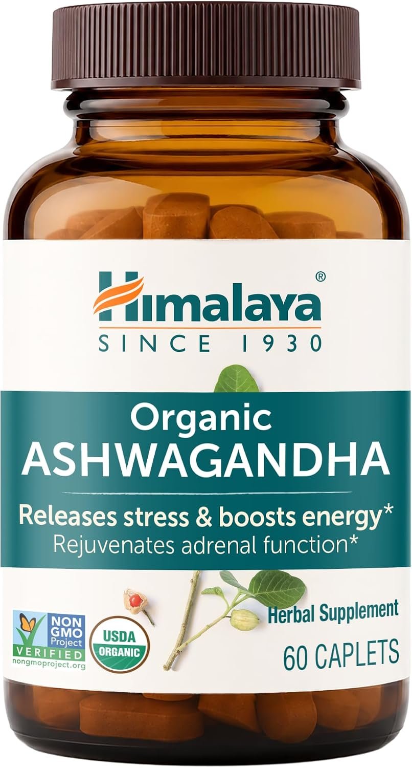 Himalaya Organic Ashwagandha Root, 60 Day Supply – Herbal Adrenal Support Supplements for Stress Relief and Energy Support – USDA Organic, Non-GMO, Vegan, Gluten Free, No Additives, 670 mg, 60 Caplets
