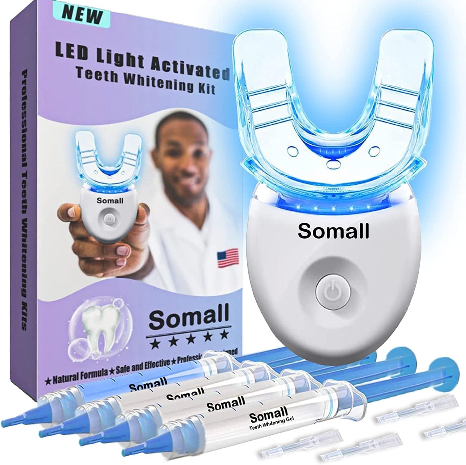 Somall Teeth Whitening Kit – Professional Tooth Whitening Gel LED Light System, 35% Carbamide Peroxide, 3ml Gel Syringes(3), Remineralization Desensitizing Gel(1), and teeth whitening light