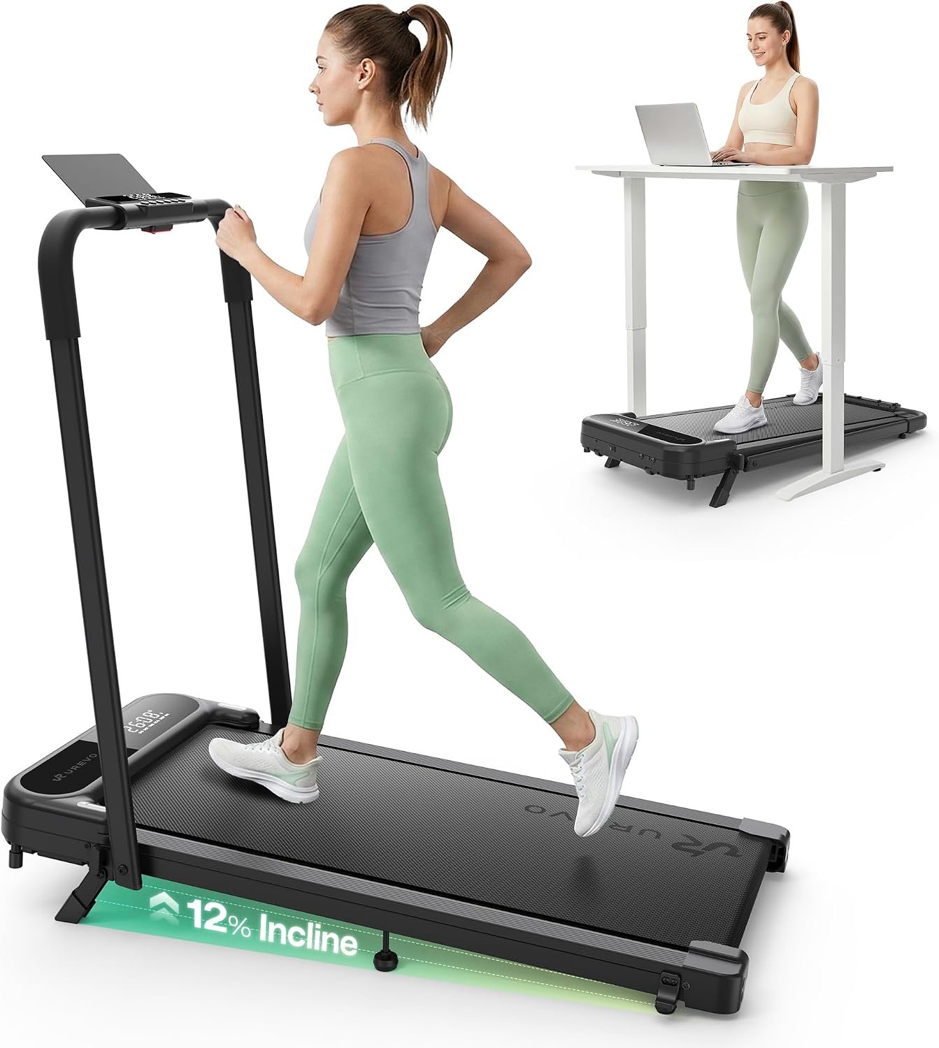 UREVO Strol 2E Pro Smart Incline Walking Pad Treadmill with APP, 12% Incline, Compact Walking Pad with Safety Handle, Plug & Play, Desk Treadmill with LED Display, Walking & Running for Home Office