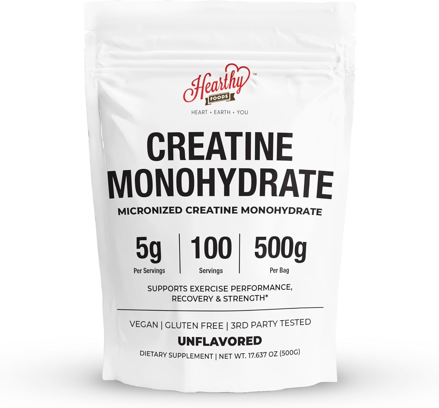 HEARTHY FOODS Creatine Monohydrate Micronized Powder 500G – 100 Servings, 5000mg Per Serving (5g) – for Men & Women Muscle Growth & Recovery – UNFLAVORED