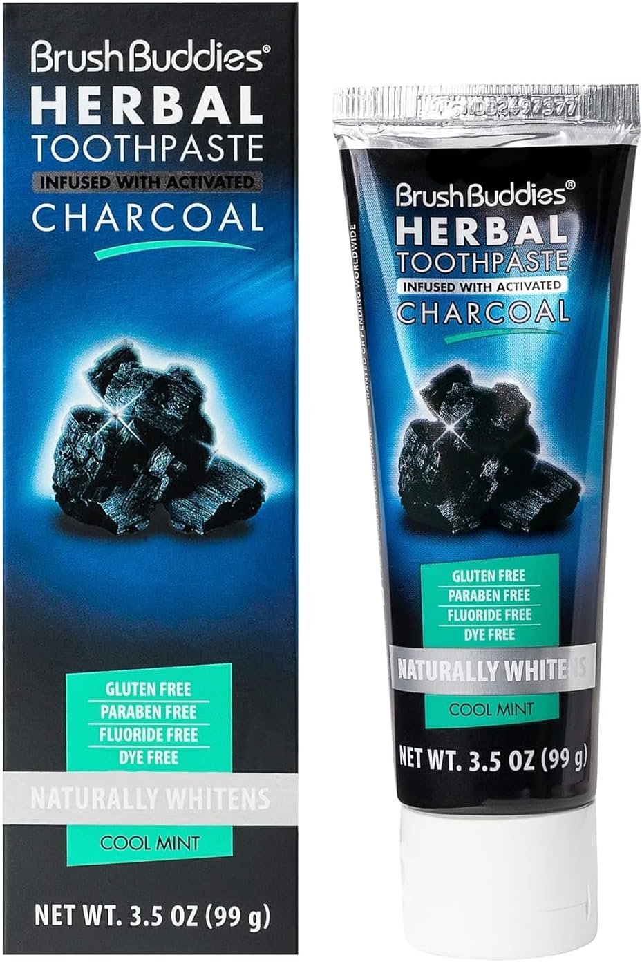 Brush Buddies Herbal Charcoal Toothpaste, Activated Charcoal Whitening Toothpaste for Teeth Whitening, Fluoride Free, Cool Mint, Removes Stains, Fresh Breath, Natural Oral Care, 3.5 oz