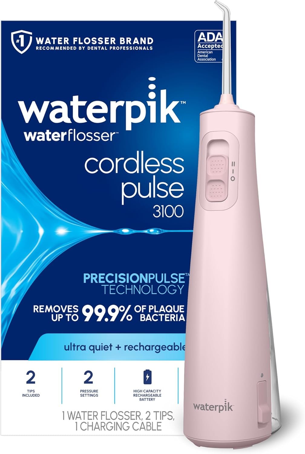 Waterpik Cordless Pulse 3100 Portable Water Flosser, Rechargeable, Pink | 2 Settings, 1 Precision Tip & 1 Tongue Cleaner Tip for Fresh Breath, Travel, Shower Use, ADA Accepted, WF-20 Amazon Exclusive