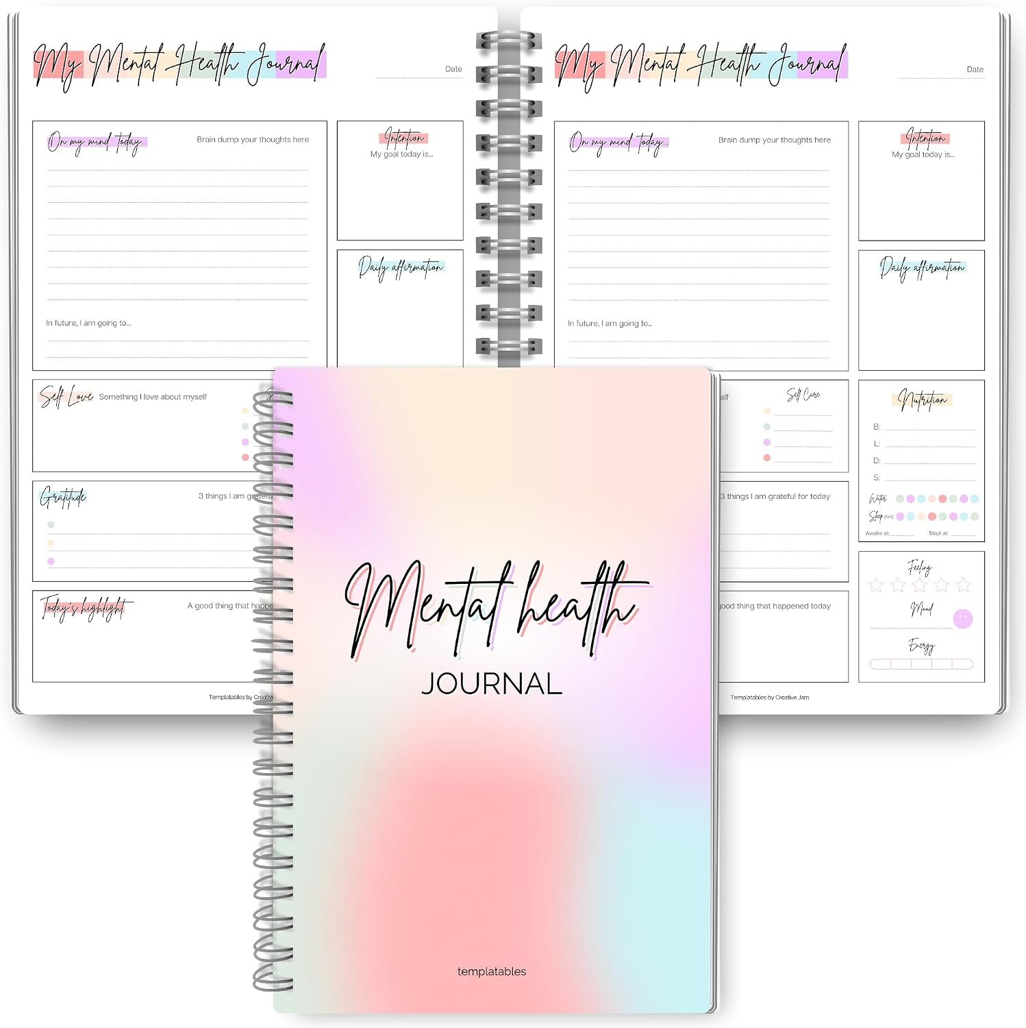 Mental Health Journal Planner | Daily Gratitude, Self Care, Intentions, Affirmations and Nutrition (Rainbow, A5)