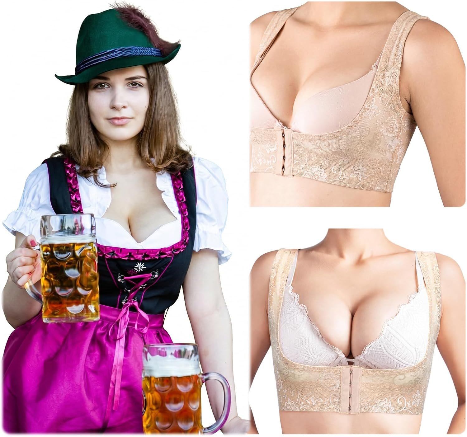 Mepase 2 Pcs Oktoberfest Chest Brace up Breast Support | Dirndl Blouse Bavarian, Quarter Cup Bra Support, Posture Corrector Shaper Vest, Corset Push up for Women Under Clothes