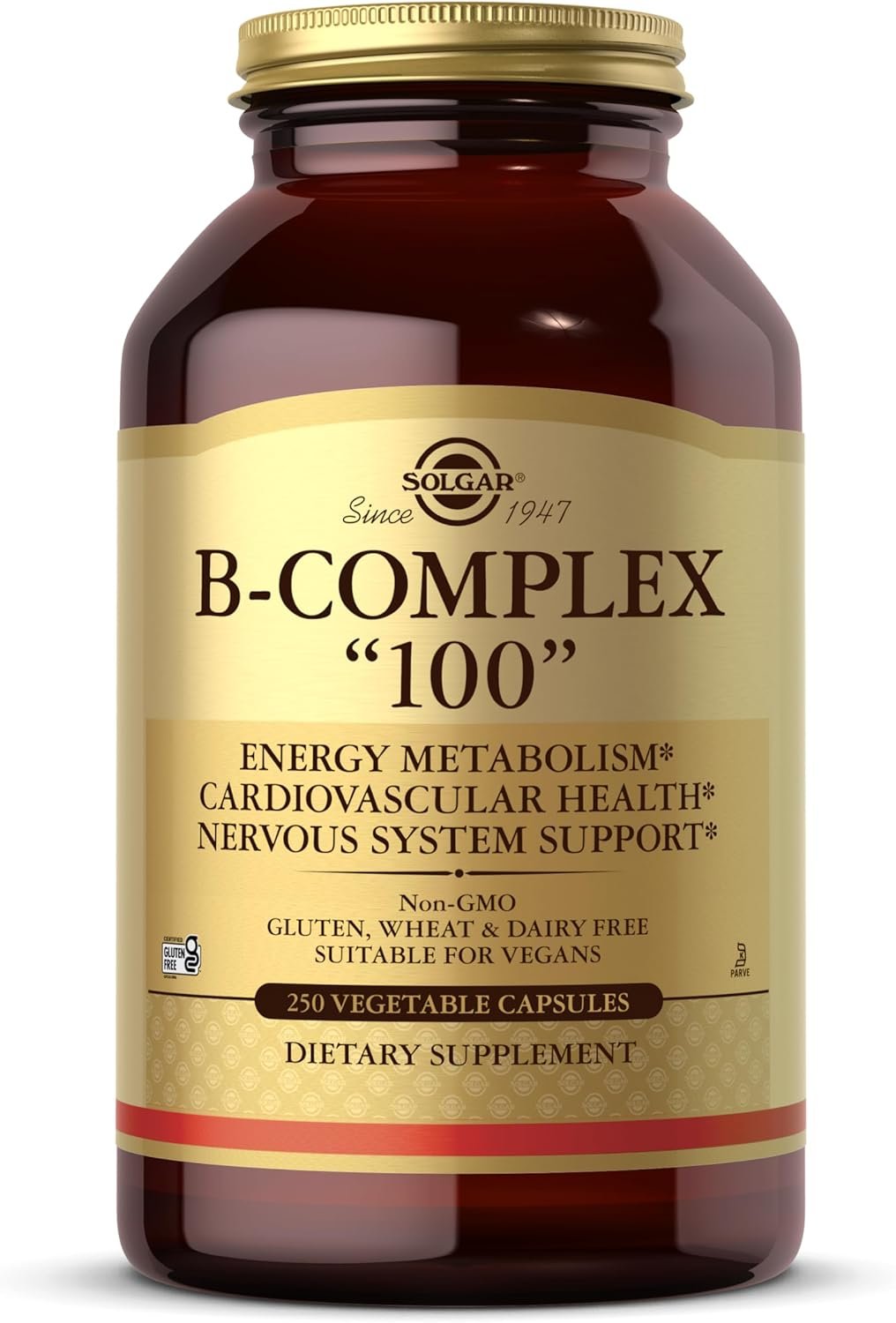 Solgar B-Complex “100”, 250 Vegetable Capsules – Nervous System Support – Supports Energy Metabolism – Non-GMO, Vegan, Gluten Free, Dairy Free, Kosher – 250 Servings