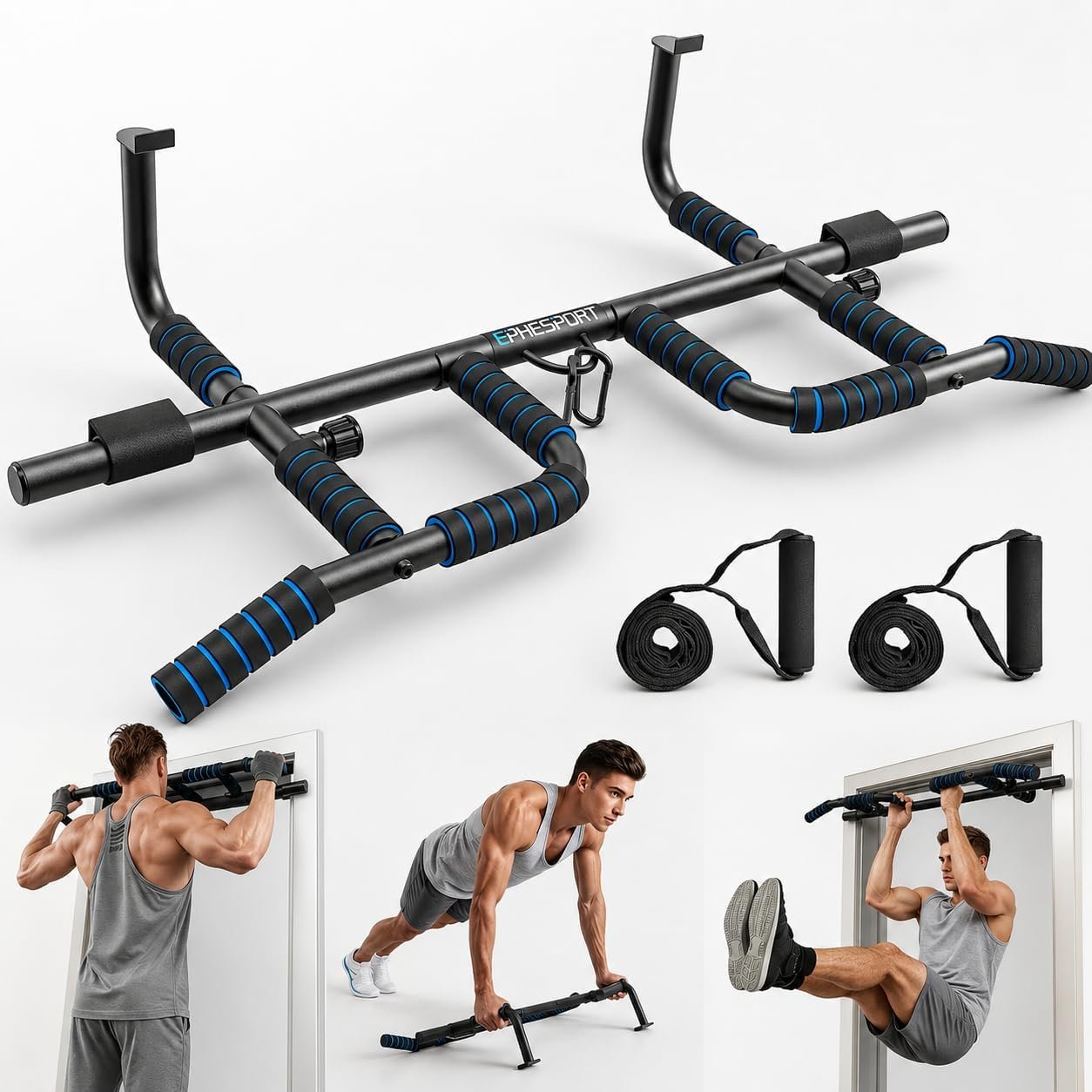 EPHESPORT 2026 Multifunctional Pull Up Bar for Doorway | US Patented Design, Foldable, No Drilling or Slipping, Multi-Grip Bar with Resistance Band, Large PVC Pads, 440 lbs Capacity