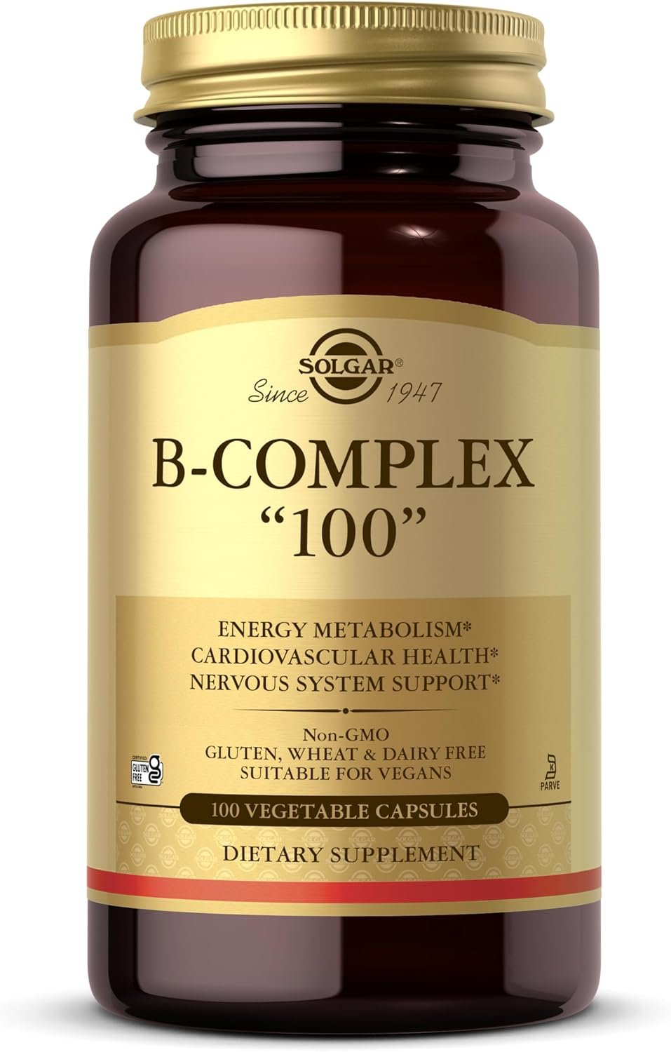 Solgar B-Complex “100”, 100 Vegetable Capsules – Nervous System Support – Supports Energy Metabolism – Non-GMO, Vegan, Gluten Free, Dairy Free, Kosher – 100 Servings