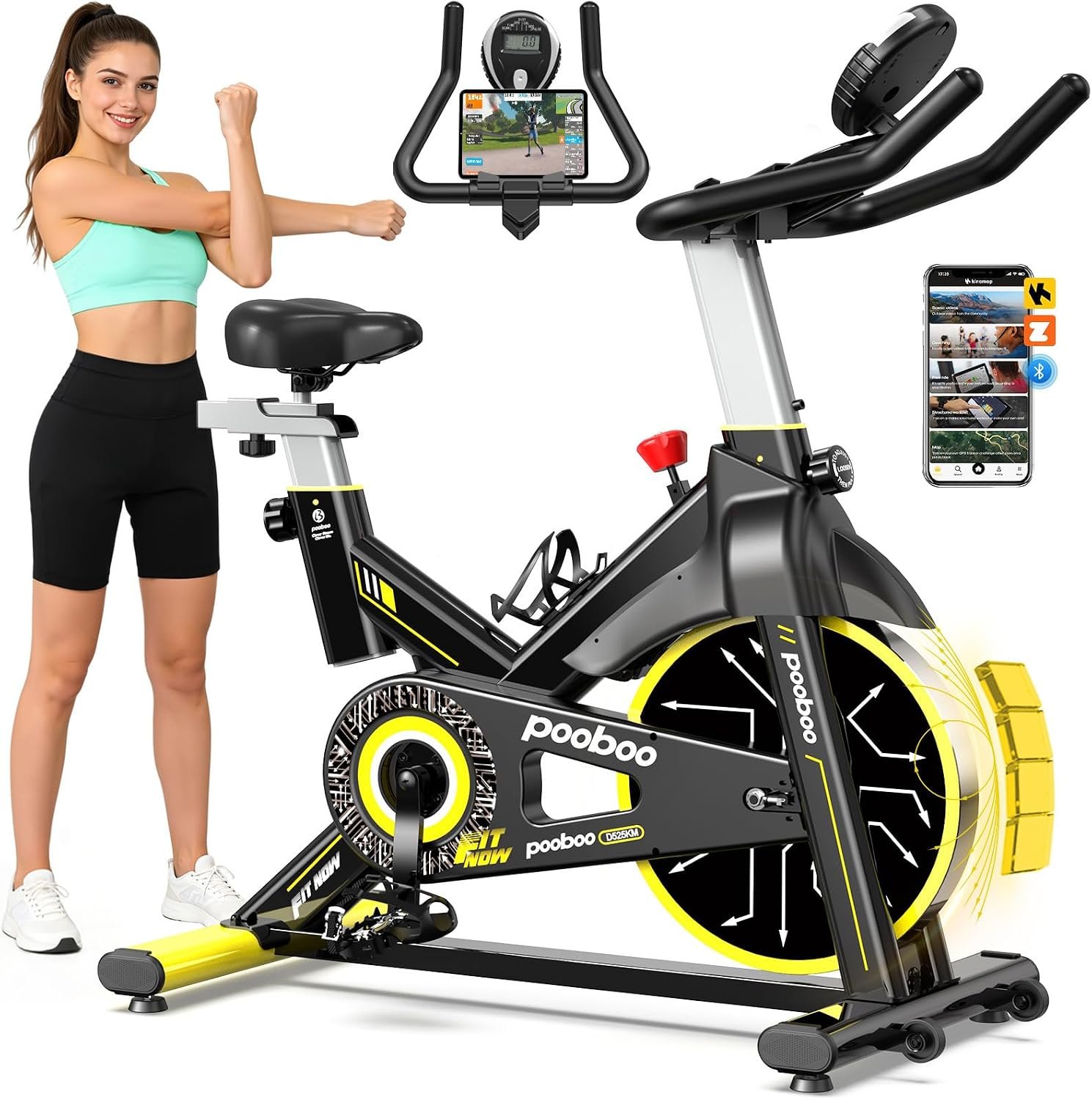 pooboo Exercise Bike,Stationary Bike for Home with Exclusive App,Indoor Magnetic Cycling Bike with Low noise,Tablet Mount,LED Display and Fitness Courses for Weight Loss，350 lb Weight Capacity