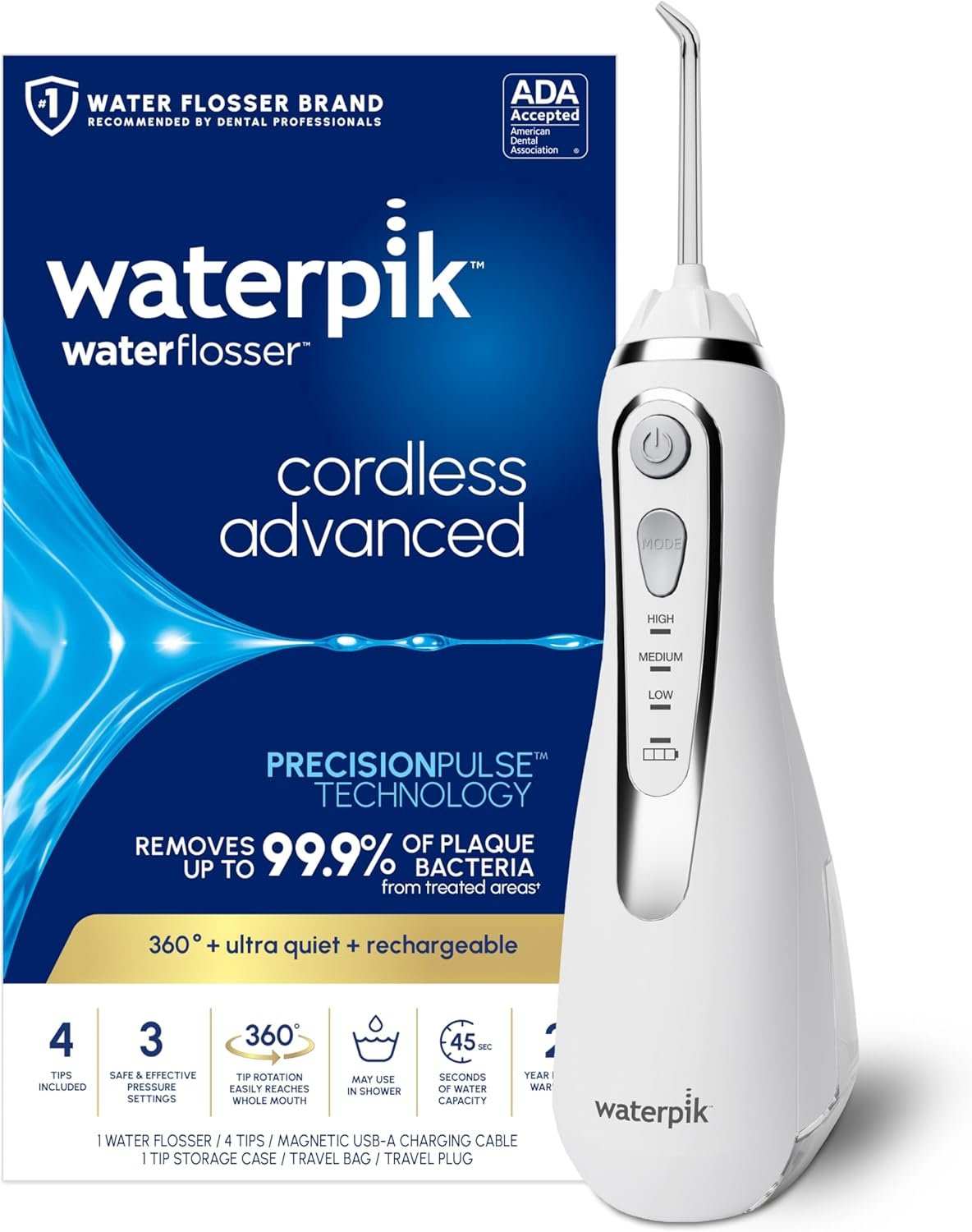 Waterpik Cordless Advanced Portable Water Flosser, Rechargeable, White | 3 Settings, 4 Tips, Travel Bag, for Gums, Teeth, Dental Braces, Implants, Shower Use ADA Accepted WP-580 Packaging May Vary