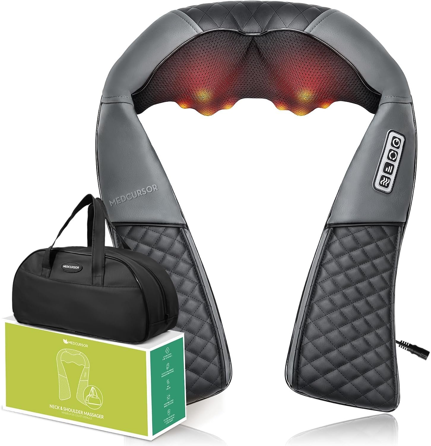 Medcursor Neck Massager – Portable Electric Shiatsu Back Massage Device with Heat, Deep Tissue 3D Kneading Pillow for Muscle Pain Relief, Valentines Day Gifts – Includes Carry Bag (No Battery)