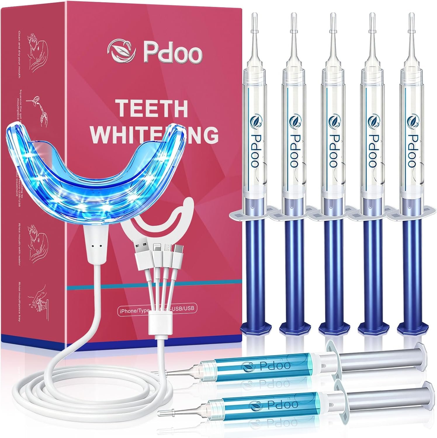 Pdoo Teeth Whitening Kit with LED Light for Sensitive Teeth, Fast Results for Brightening at Home, Teeth Whitening Gel Helps Remove All Kinds of Stains