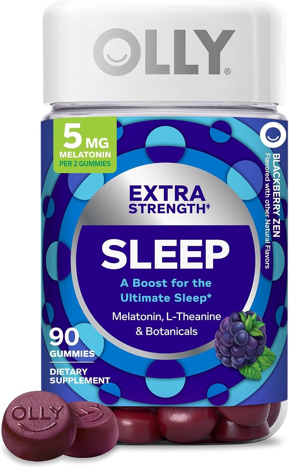 OLLY Extra Strength Sleep Gummies for Adults, 5 mg Melatonin Sleep Support Supplement* L-Theanine & Botanical Extracts, Restful Sleep Support*, BlackBerry Zen Flavor, Gluten Free, 90 Count