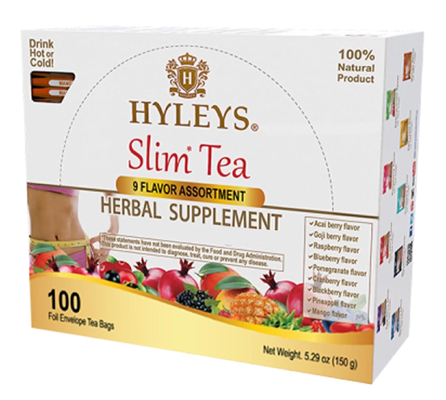 HYLEYS Slim Tea, 9 Flavor Weight Loss Variety Pack, Diet Tea, 100 Bags | Green Tea, Senna Detox, Cleanse, 3 Natural Ingredients, No Added Sugar, 1-Step Bedtime Routine, Supports Digestion