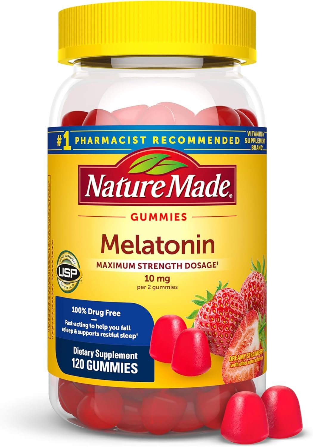 Nature Made Melatonin 10 mg per serving Gummies, Sleep Gummies for Adults Maximum Strength Dosage, 100% Drug Free Sleep Aid, 120 Count, 60 Day Supply