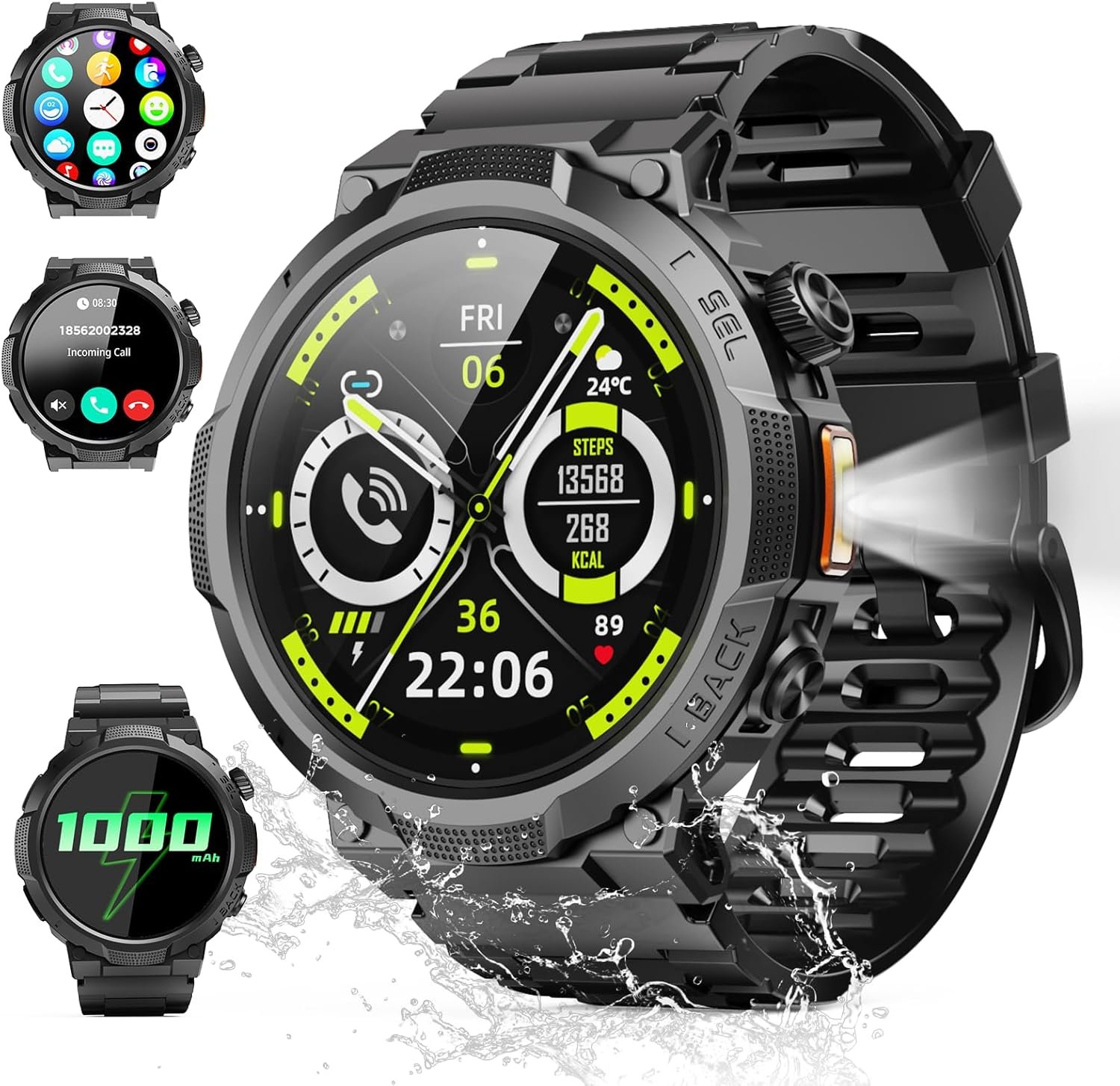 Smart Watches for Men (Answer/Make Call), 1.53″ HD Military Smartwatch, 50+ Days Extra-Long Battery Life Fitness Tracker, Flashlight/110+Sports/Heart Rate/Sleep Monitor/IP68 Waterproof Android iOS