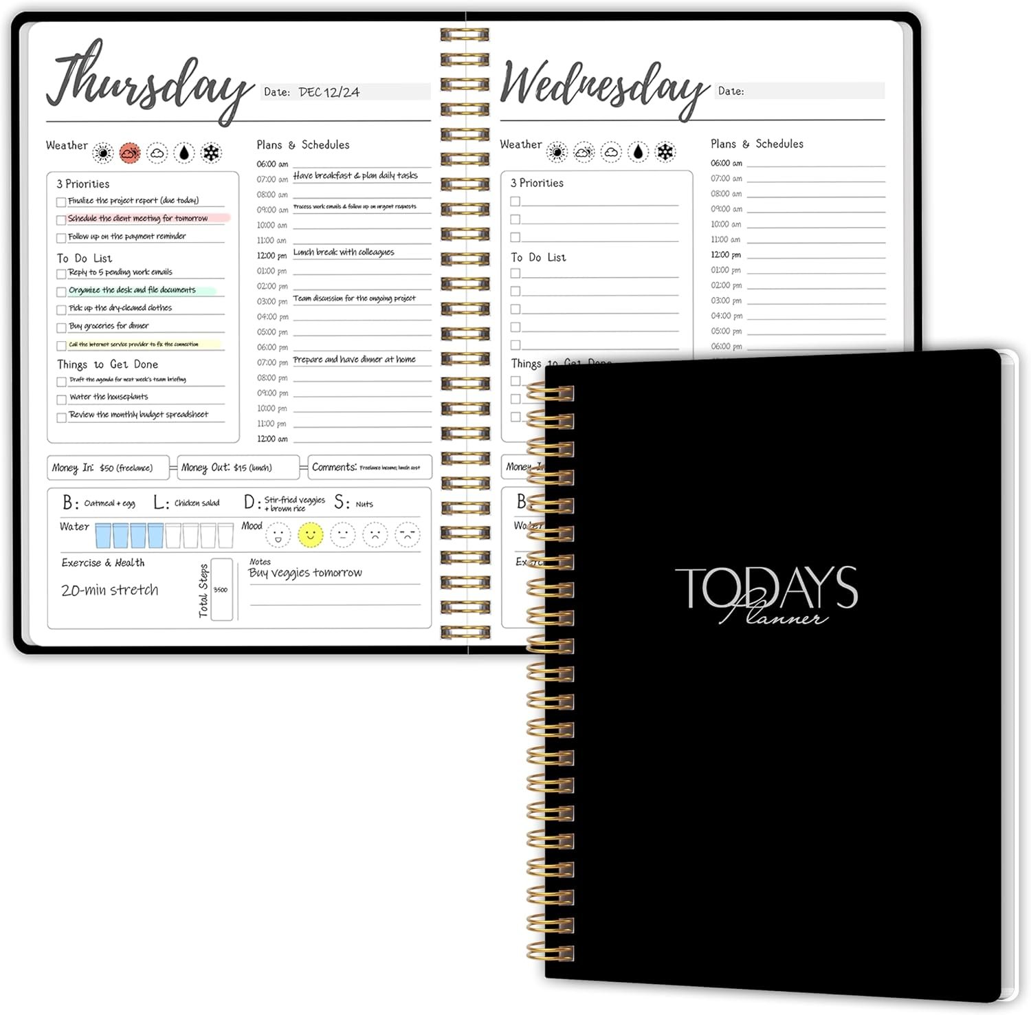 Weekly Work Planner with Hourly Schedules, To Do List, Tasks, Expense Tracker 7 Days Daily Planner Self-Care for Organizing Meals, Water Take-in, Mood, Exercise & Health, 10 x 7.3 inches | 84 Daily Pages, 12 Weekly Pages, Spacious Writing Areas, Waterproof PVC Cover, No-Bleed Paper, Smooth Writing, Spiral Binding