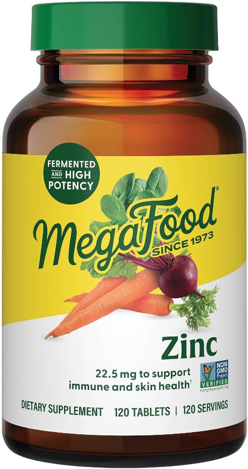 MegaFood Zinc Supplements for Women & Men – Vegan Immune Support Supplement with 22.5 mg High Potency Fermented Zinc Tablets – Made with Real Food – 120 Tablets, 120 Servings