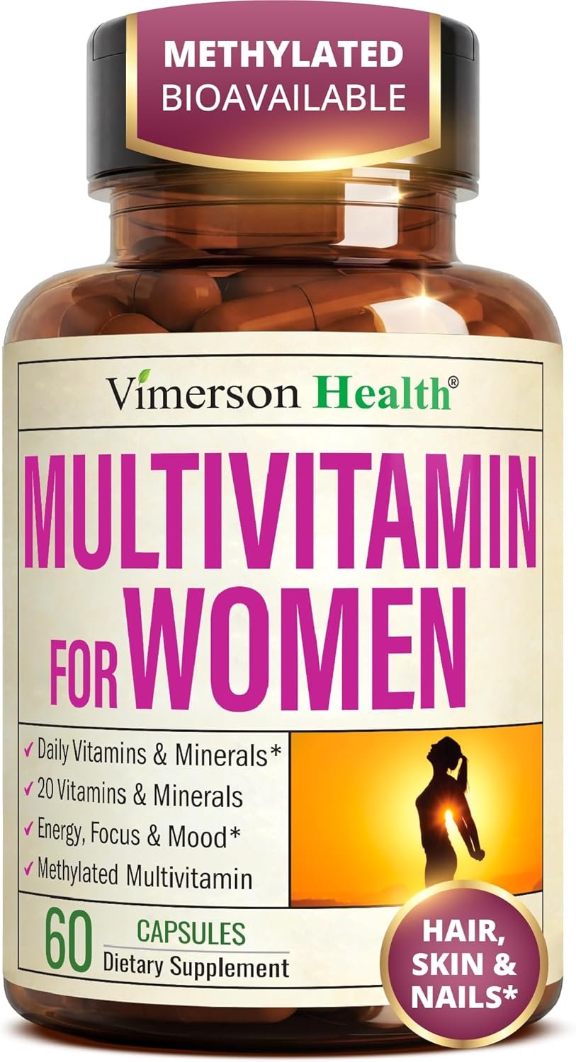 Vimerson Health Multivitamin for Women: Methylated B Vitamins, Chelated Minerals and Bioavailable D3 for Focus and Energy Support – Daily Womens Multivitamins and Multiminerals – 60 Capsules