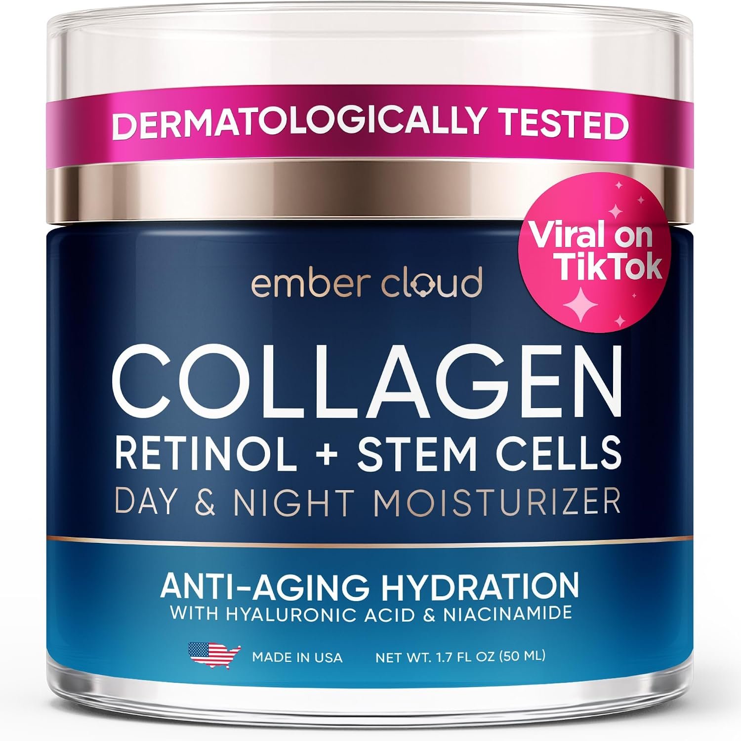 Collagen Stem Cell Cream with Retinol, Hyaluronic Acid 1.7 Oz | Anti Aging Effect Hydrating Day & Night Wrinkle Cream for All Skin Types, Paraben & Fragrance-Free, USA Made