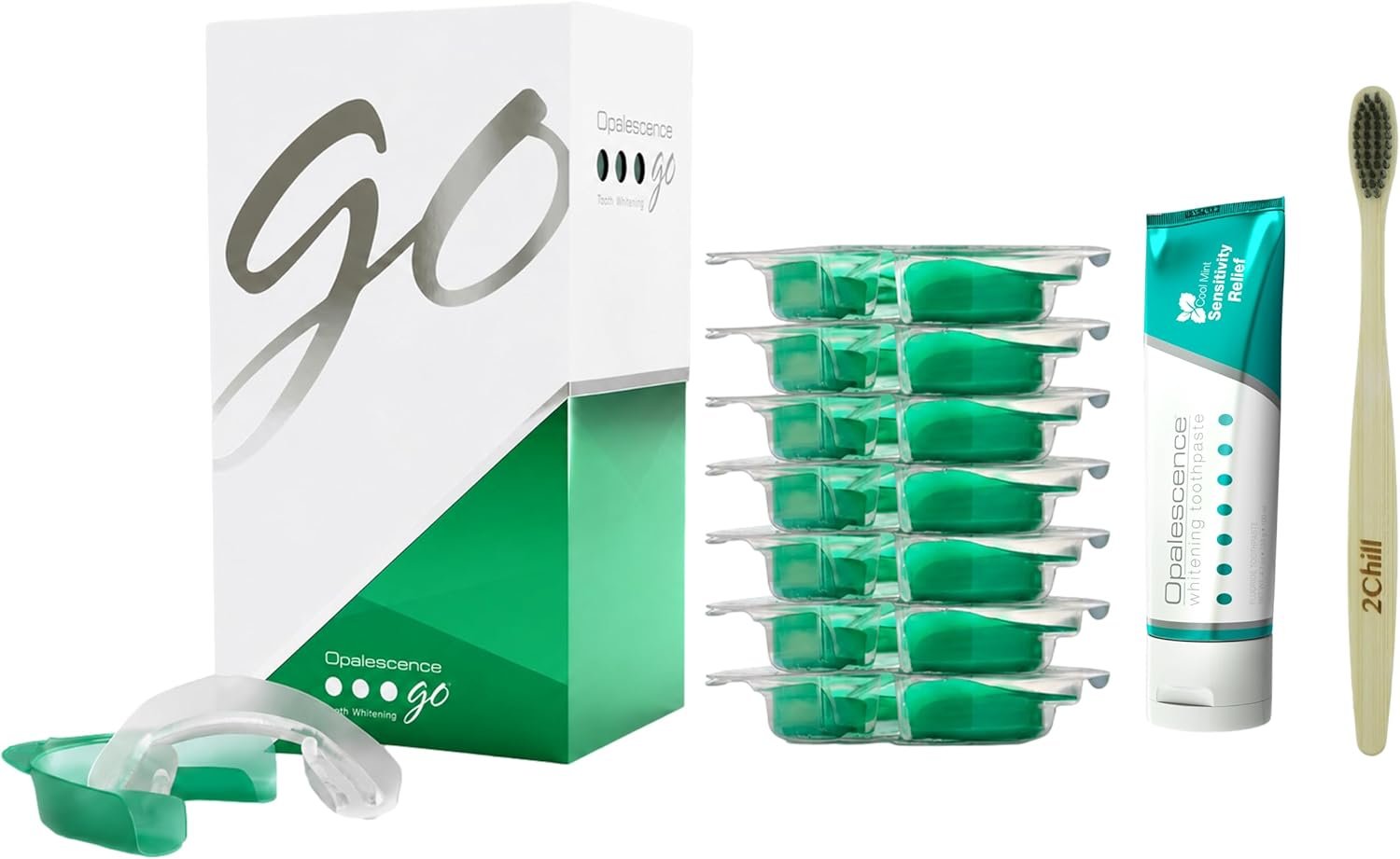 Opalescence GO 15 Teeth Whitening Trays Bundle 15% Hydrogen Peroxide 6288-T | Gel Prefilled Trays – Includes Sensitive Toothpaste Travel Size 1 Oz & 2Chill Toothbrush. Mint – by Ultradent (7 Treatments)