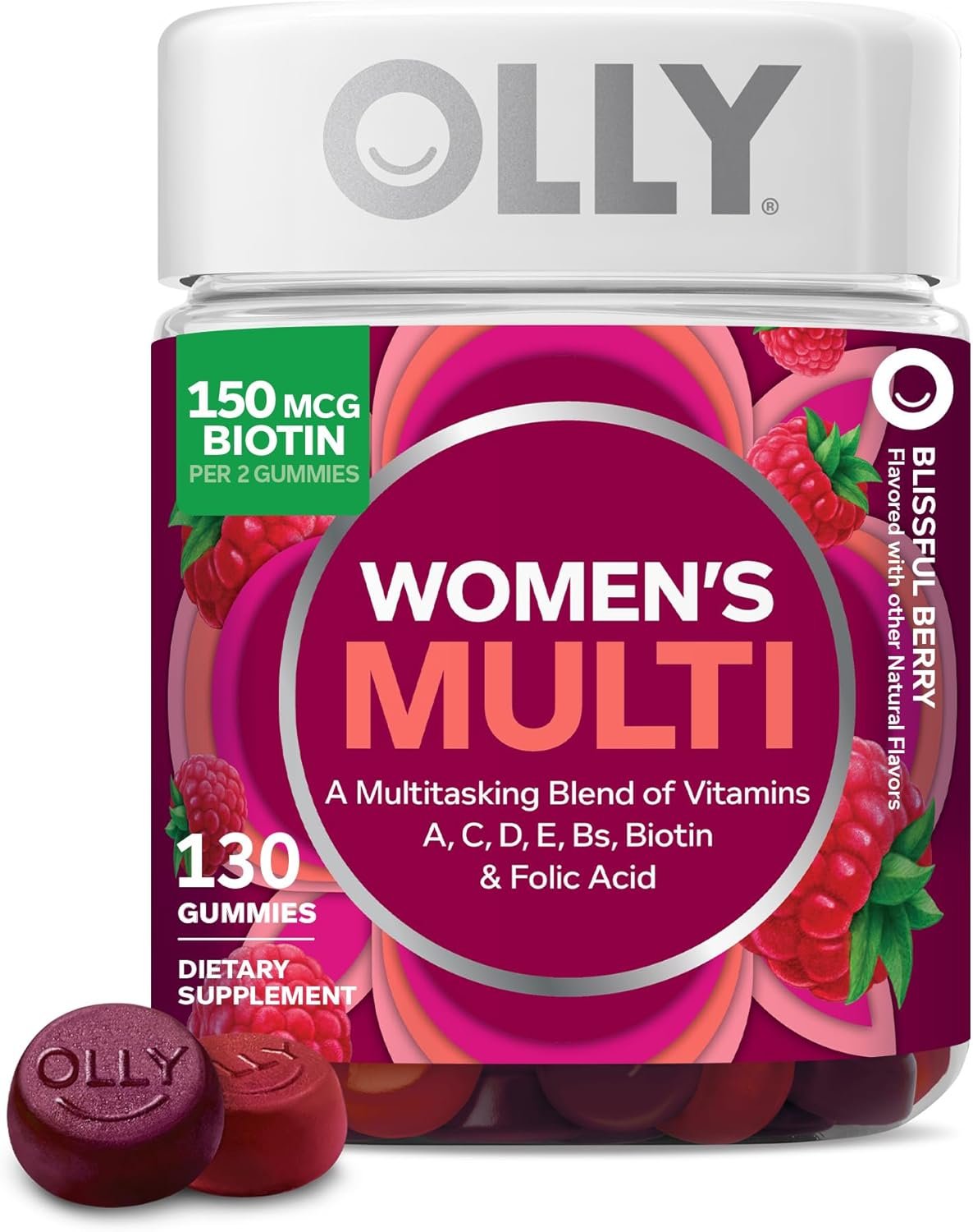 OLLY Women’s Multivitamin Gummy, Women’s Overall Wellness,* Vitamins A, C, D, E, Biotin, Folic Acid, Adult Chewable Supplement, Berry Flavored, 65 Day Supply – 130 Count