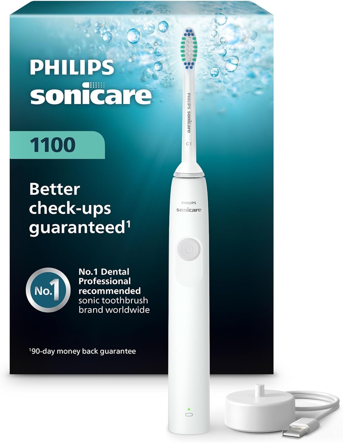 PHILIPS Sonicare 1100 Series Electric Toothbrush – Sonic Toothbrush with Advanced Sonic Technology, EasyStart, Smartimer & Quadpacer, White, Model HX3641/02