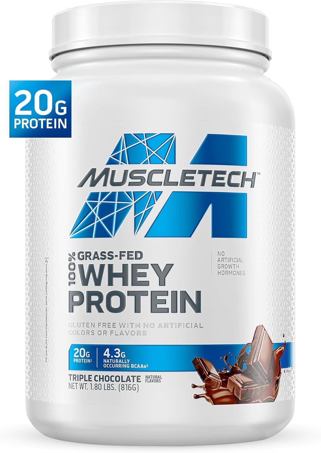 Muscletech Grass-Fed Whey Protein Powder (Triple Chocolate, 1.8LB) – Whey Protein Smoothie & Milk Shake Mix Supports Muscle Gain & Recovery – 20g of Whey Protein for Women & Men – Non-GMO, Gluten-Free