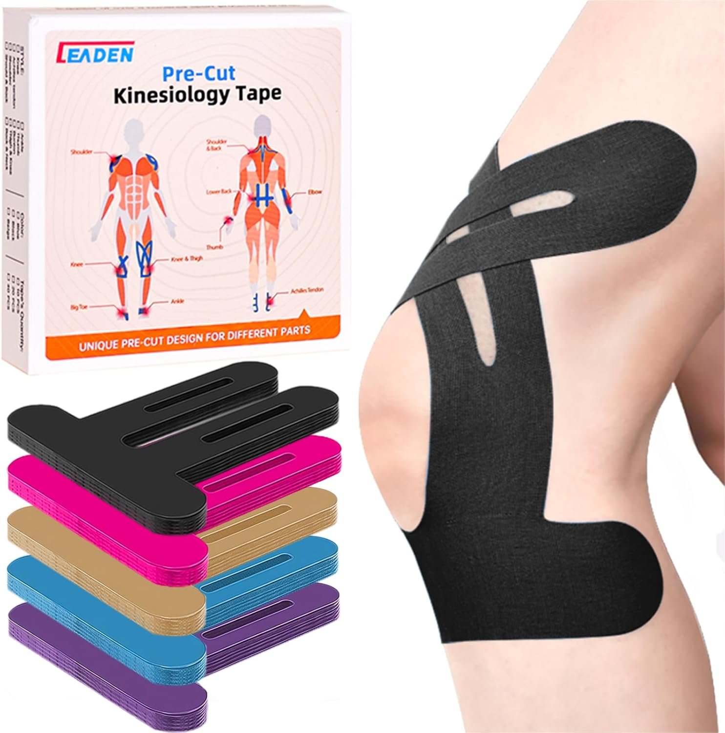 Precut Kinesiology Tape for Knees, 10 Pcs – Knee Support & Stability, Knee Pain Relief Athletic Tape – Waterproof & Elastic, Breathable Hypoallergenic Latex-Free Tape, Black