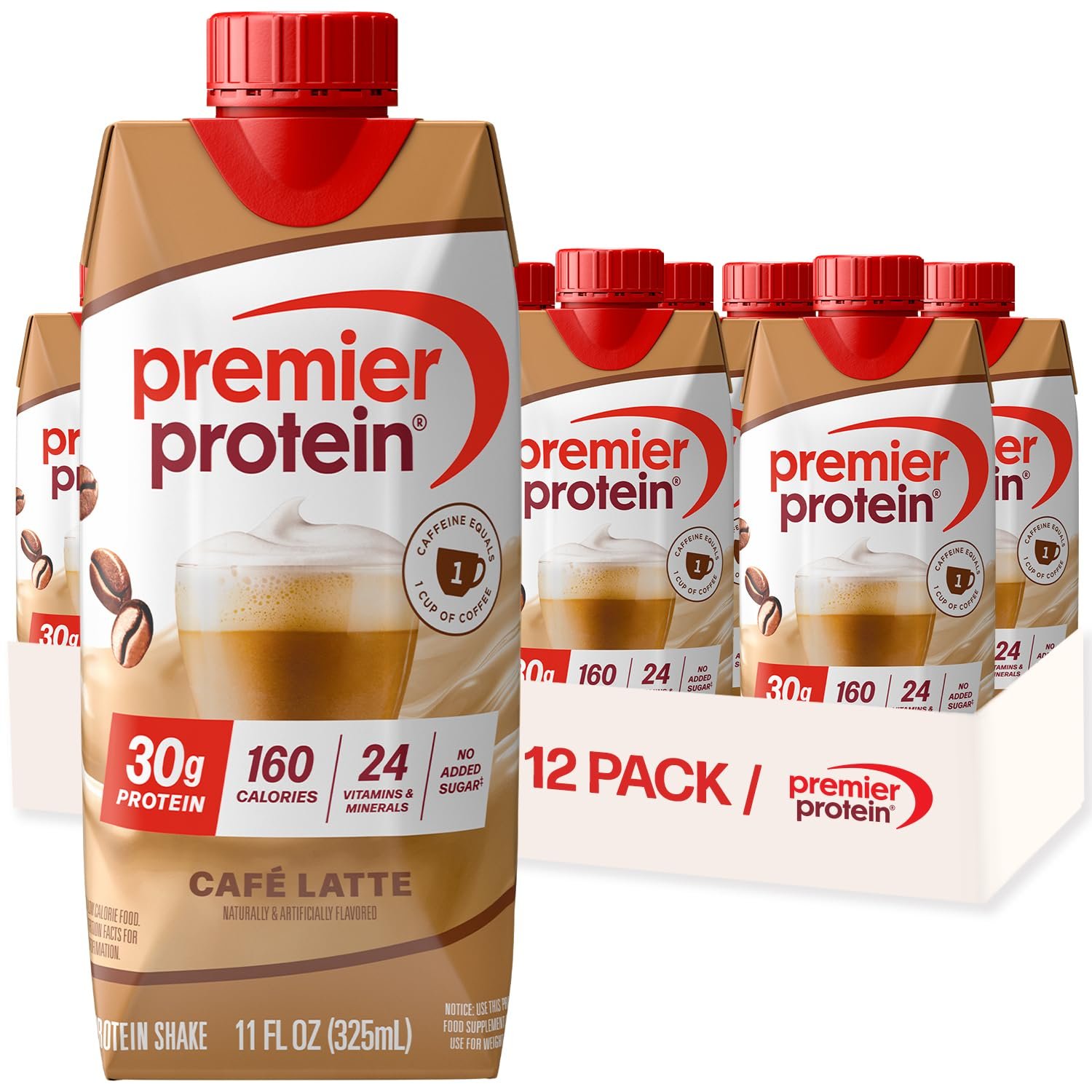 Premier Protein Shake +Energy, Café Latte, 30g High Protein, 12 Pack | Caffeinated, 160 Calories, 24 Vitamins & Minerals, No Added Sugar, Supports Muscle Health, Gluten-Free, 11 oz