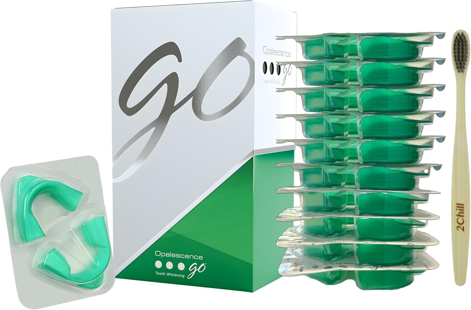 Opalescence GO 15 Teeth Whitening Trays Bundle 15% Hydrogen Peroxide 5194-T | Gel Prefilled Trays – Includes 2Chill Toothbrush Made by Ultradent Products USA. Teeth Whitening Kit -Mint – (10 Treatments)