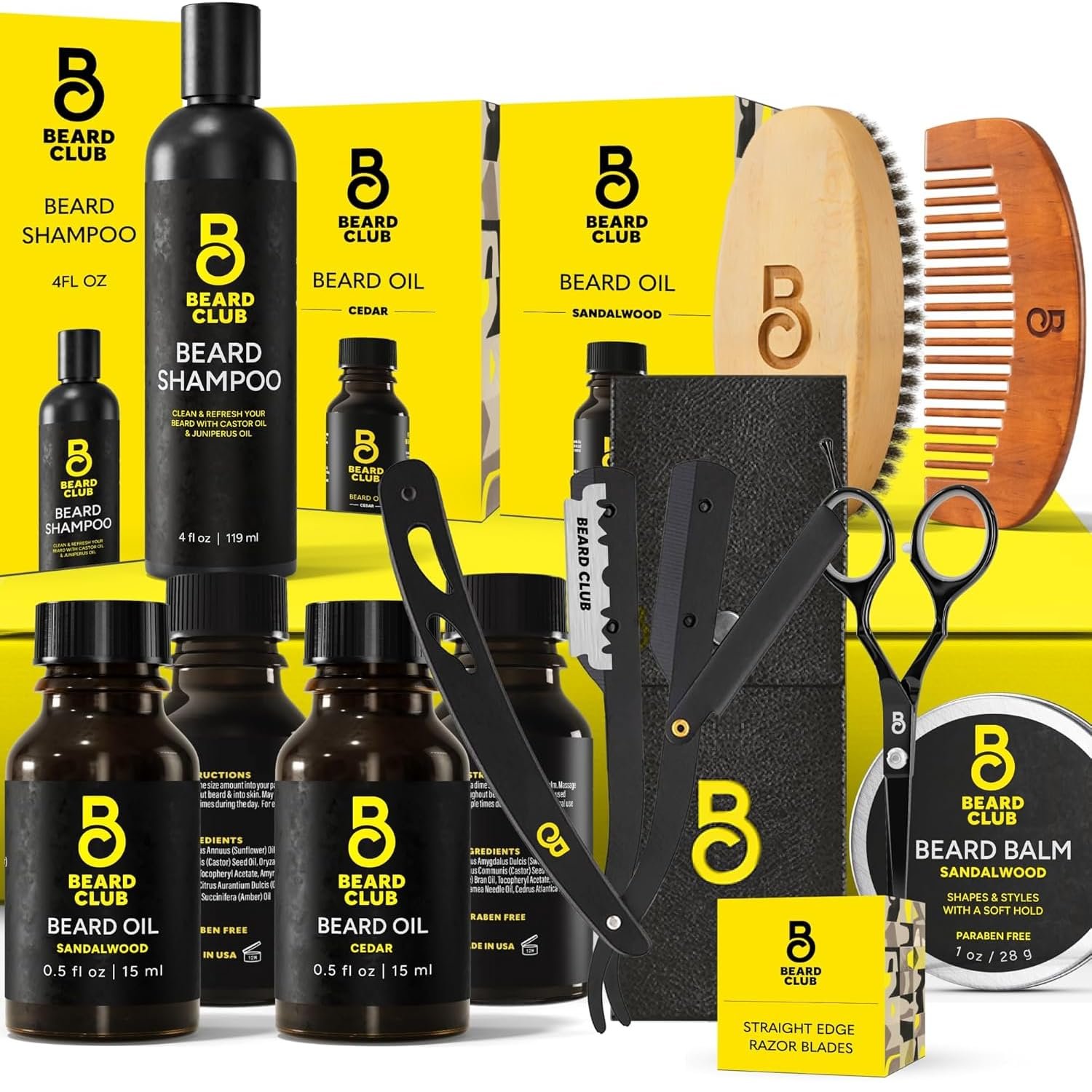 The Beard Club Premium Beard Kit for Men – Grooming & Care Kit – Cedar & Sandalwood Oil, Sandalwood Balm, Shampoo, Brush, Comb, Trimming Scissors, Straight Edge Razor – Gift Set
