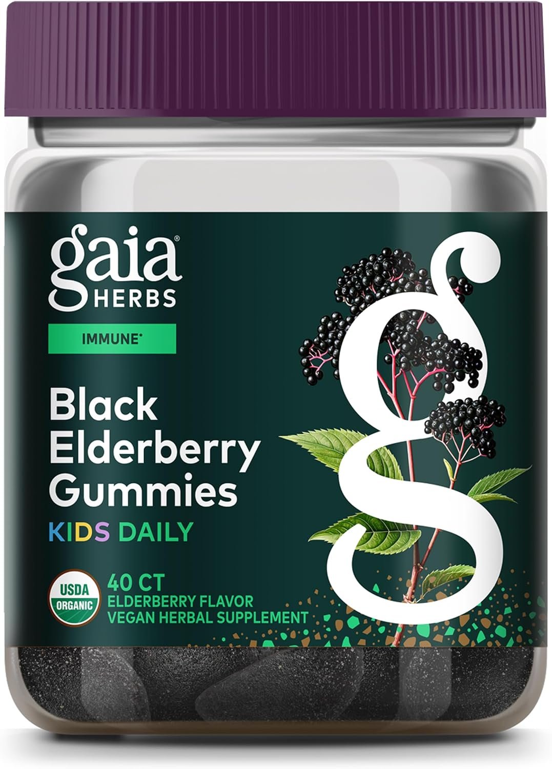 Gaia Herbs Black Elderberry Daily Gummies for Kids – Delicious Immune Support Supplement – Certified Organic Black Elderberries for Immune System Support* – 40 Vegan Gummies (40 Servings)
