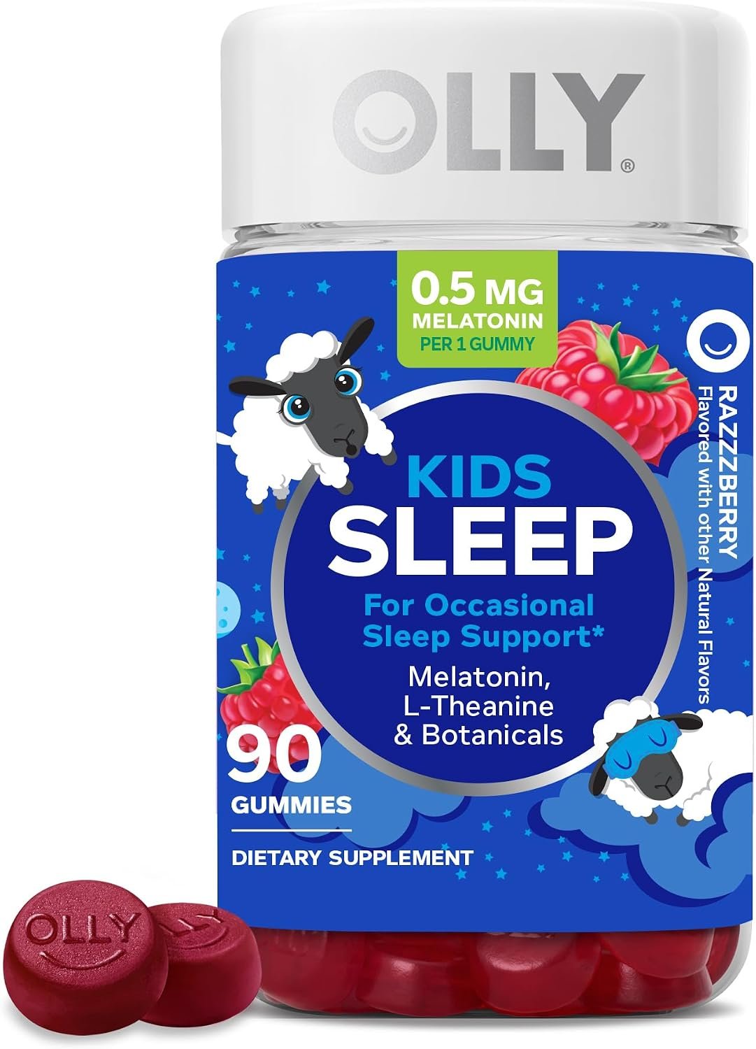 OLLY Kids Sleep Gummies, for Ages 4+, 0.5 mg Melatonin per Gummy (1mg per Serving), Sleep Support with L-Theanine, Occasional Sleep Support, Non-Habit Forming, Raspberry Flavor, Gluten Free, 90 Count