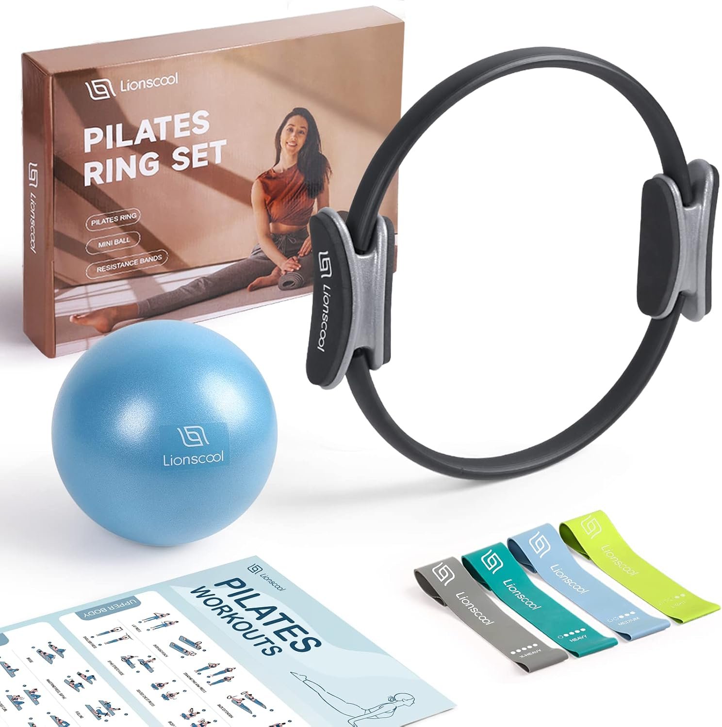 LIONSCOOL Pilates Ring Set – 14″ Anti-Deformation Magic Circle with Padded Handles, 9″ Mini Ball, Elastic Latex Resistance Bands, Guide & Bag