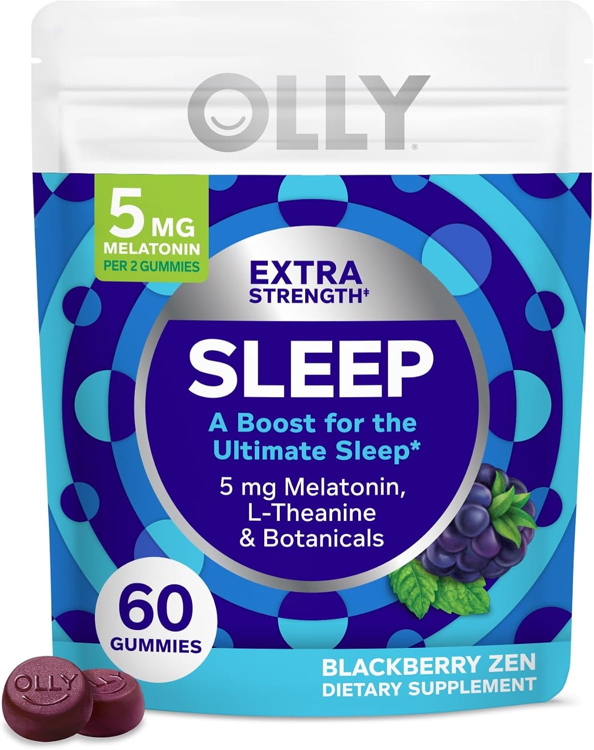 OLLY Extra Strength Sleep Gummies for Adults, 5 mg Melatonin Sleep Support Supplement* L-Theanine & Botanical Extracts, Restful Sleep Support*, Blackberry Zen Flavor, Gluten Free, 60 Count