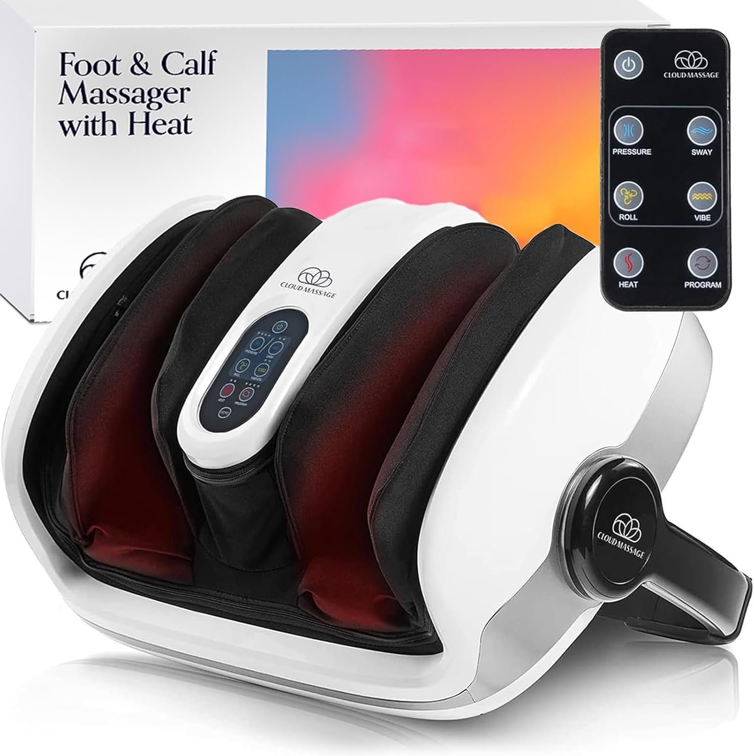 Cloud Massage Shiatsu Foot Massager with Heat, Standard Size, White | Deep Kneading & Compression, Adjustable Intensity, Multi-Mode Leg and Foot Massager with Remote Control, Anti-Slip Base