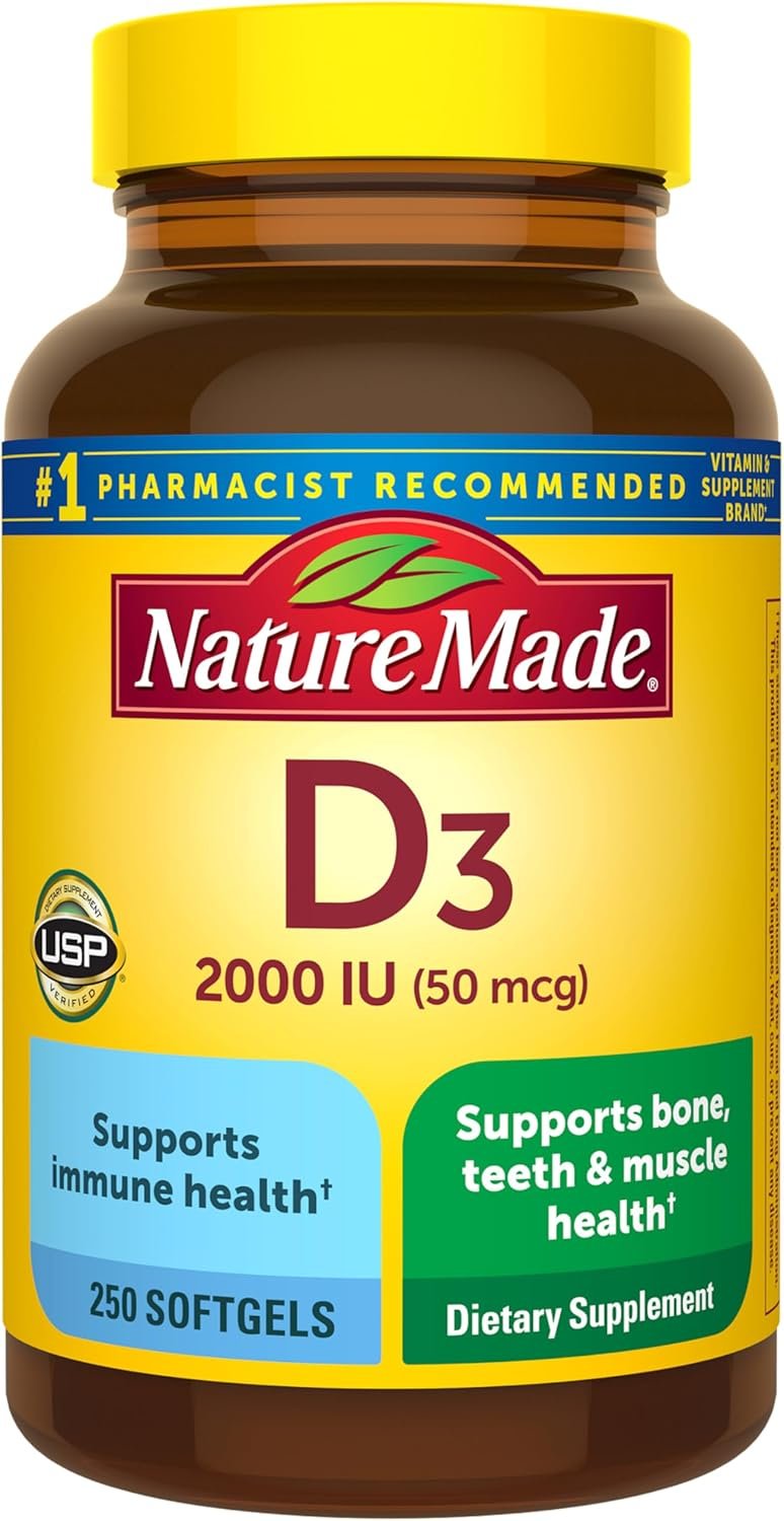 Nature Made Vitamin D3 2000 IU (50 mcg), 250 Vitamin D Softgels | Vitamin D Supplement for Immune, Bone, Teeth and Muscle Health Support, 250 Day Supply
