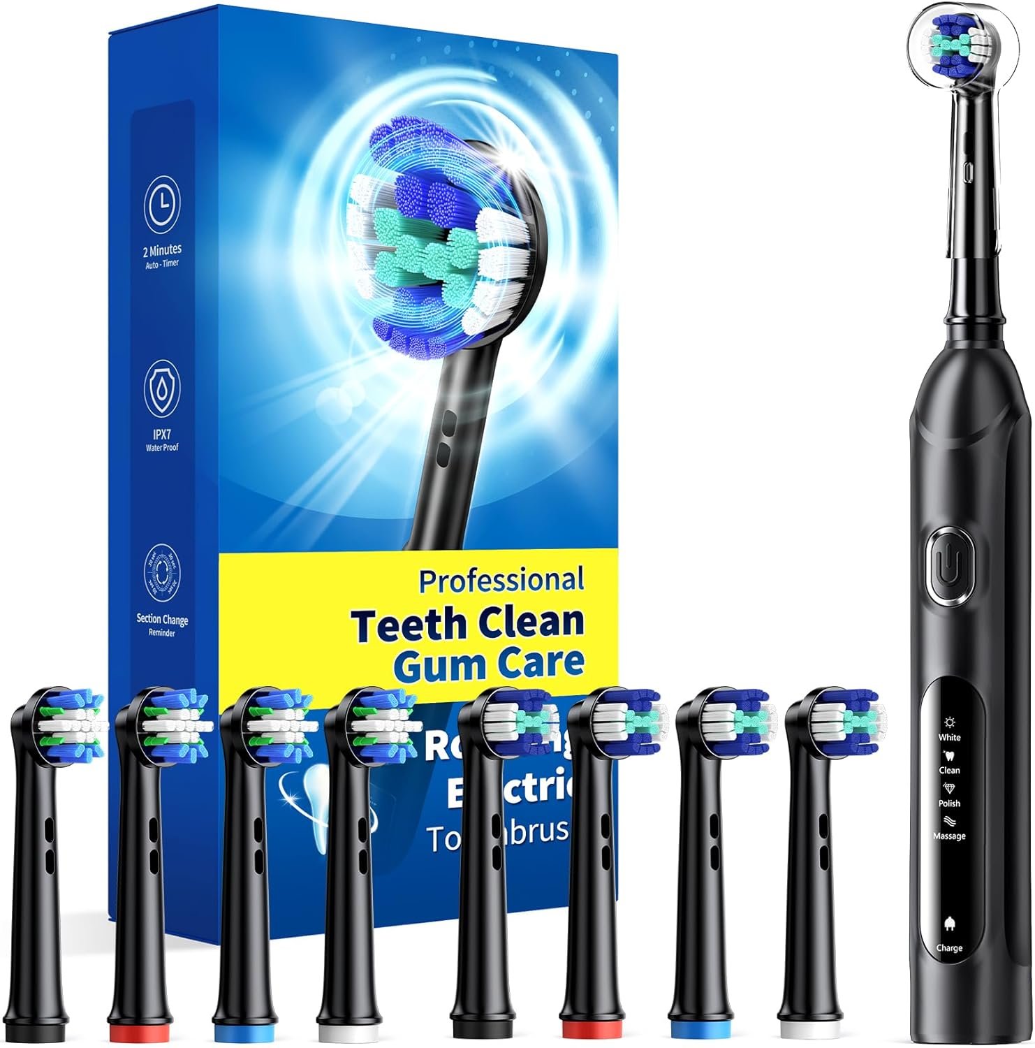 TEETHEORY Rotating Electric Toothbrush for Adults with 8 Brush Heads (2 Types), 4 Modes Deep Clean Electric Toothbrush with Rechargeable Power and 2 Min Smart Timer Black