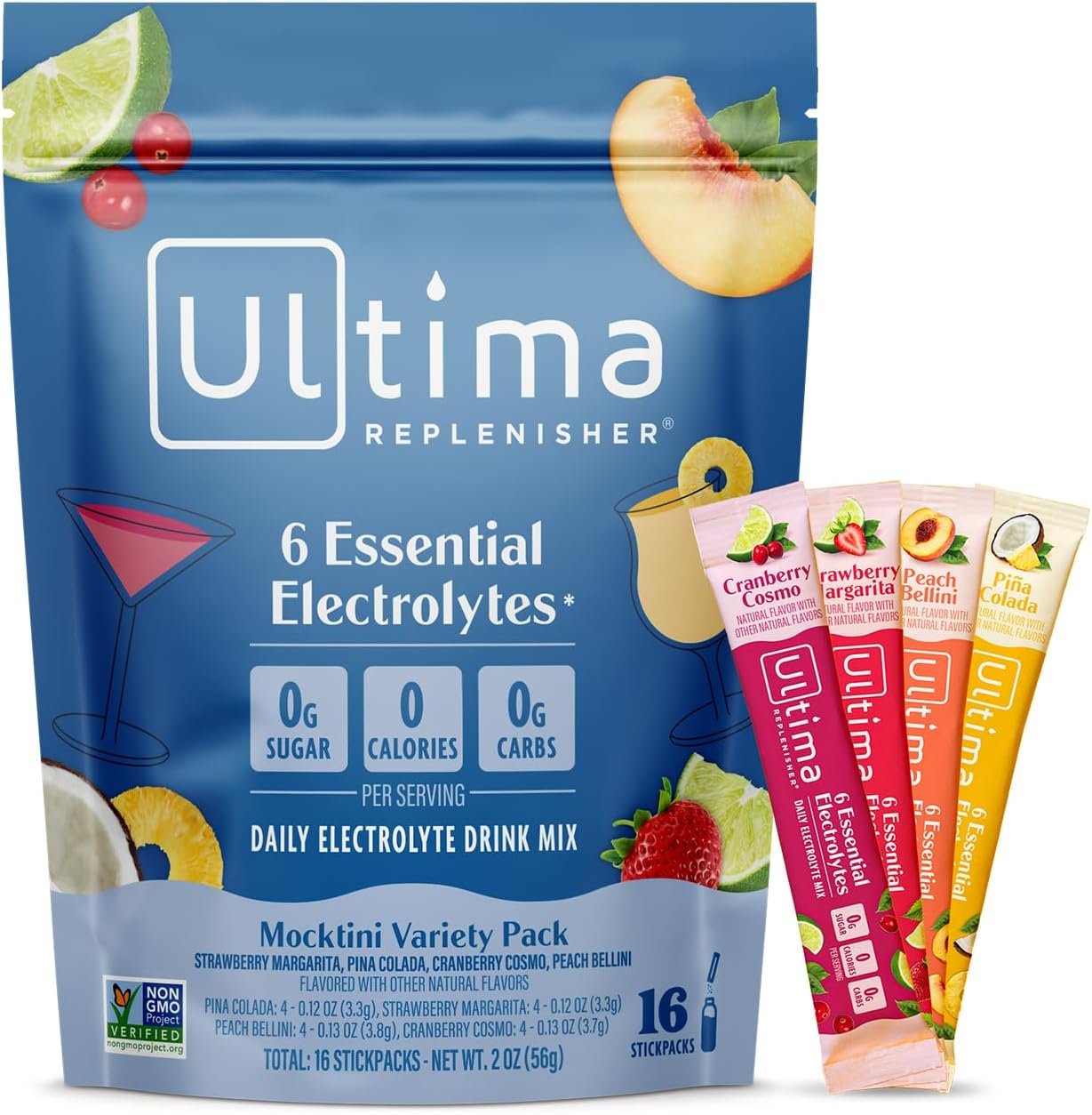 Ultima Replenisher Mocktini Variety Electrolyte Packets, 16 Stickpacks | Daily Zero Sugar Powder Hydration Packets with 6 Key Electrolytes & Minerals – Sugar Free, Plant Based & Keto Friendly