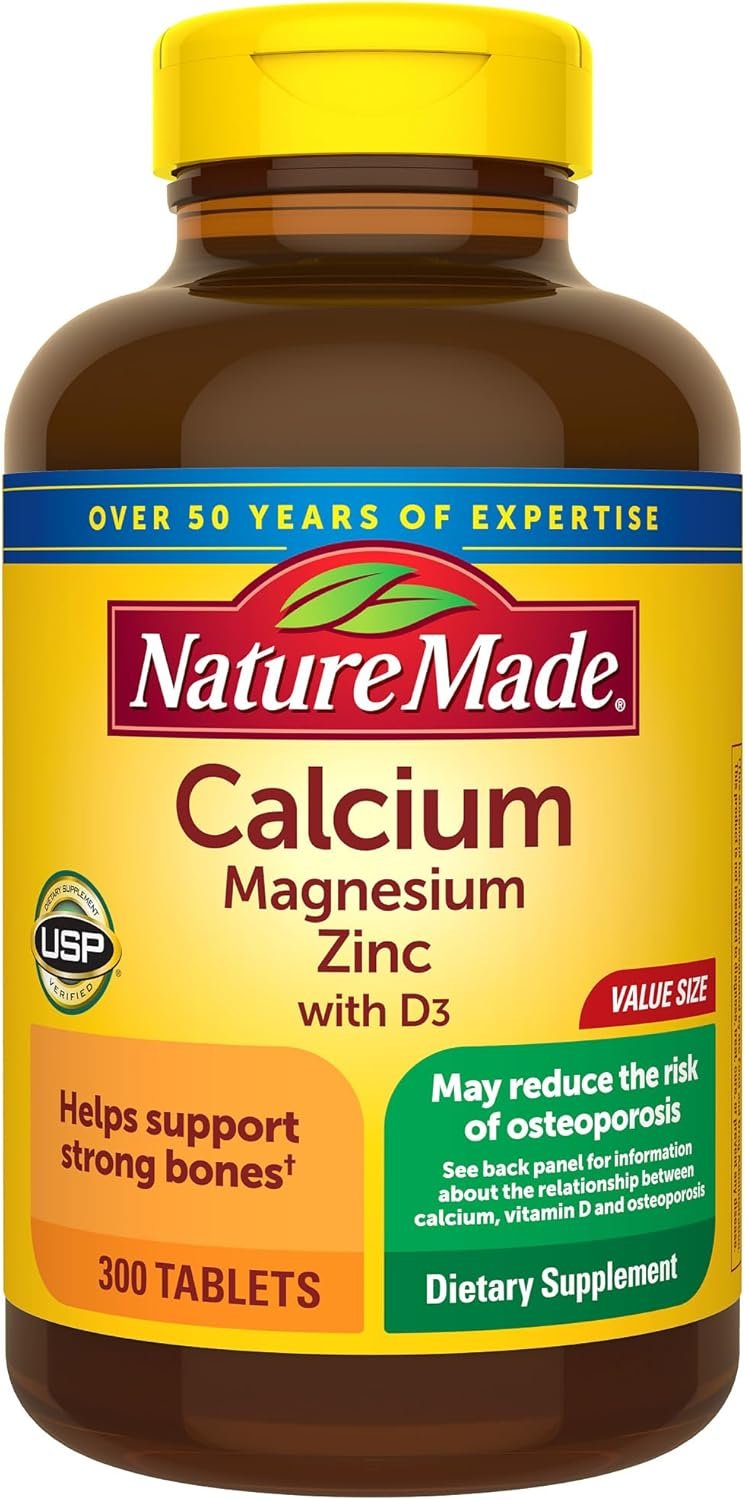 Nature Made Calcium Magnesium Zinc with Vitamin D3, Dietary Calcium Supplement for Bone Support, 300 Tablets