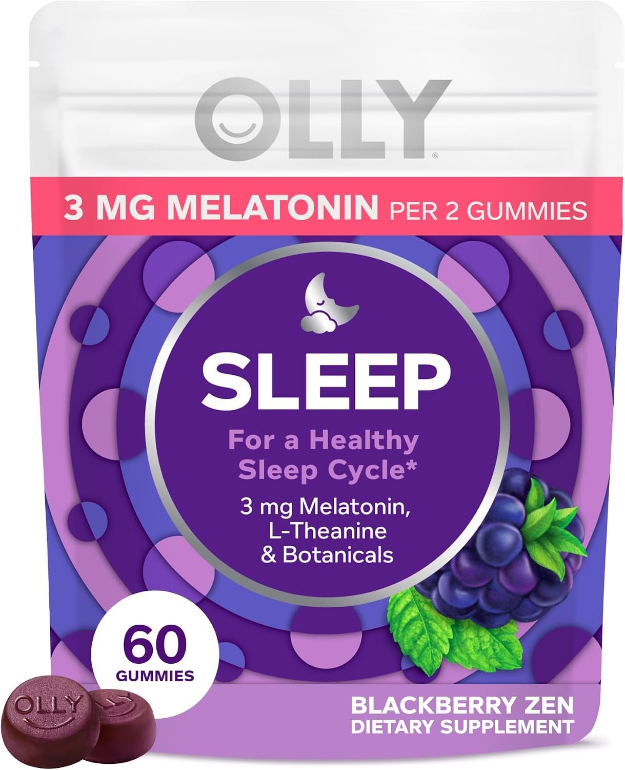 OLLY Sleep Gummies for Adults, 3 mg Melatonin Gummies with L-Theanine, Sleep Support for Restful Sleep*, Non-Habit Forming Sleep Support*, Blackberry Zen, Gluten Free, 60 Count